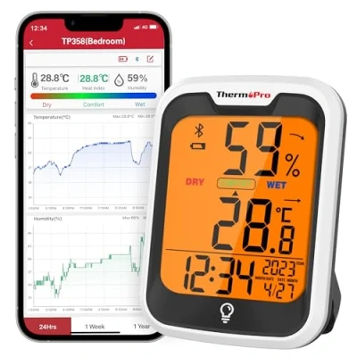 Afbeelding van ThermoPro TP358 Bluetooth hygrometer Kamerthermometer voor binnen met tijd Nachtlampje Vochtigheidsmeter opname Binnenthermometer slaapkamer, kantoor, wijnkelder, kas