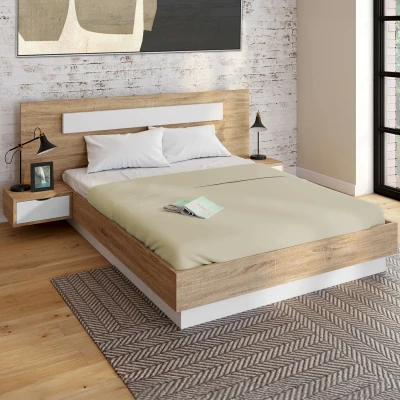 Image de lit double SANTA avec tête de + tables chevet intégrées et sommier 160 x 200 cm bois blanc IDMarket