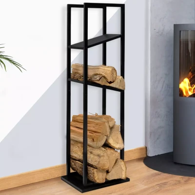 Image de Range bûches vertical acier noir avec 2 étagères H.112 CM pour cheminée