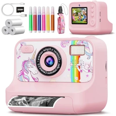 Afbeelding van NXPZ Instant camera voor kinderen, 1080p HD met 2,4 inch display, 32 GB kaart, 3 rollen fotopapier en kleurpotloden, ideaal cadeau meisjes jongens van tot 12 jaar