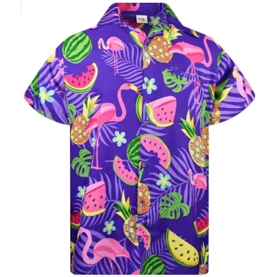Afbeelding van King Kameha Funky Hawaïhemd voor heren, korte mouwen, borstzakje, flamingo print, meloen, Paarse meloen roze