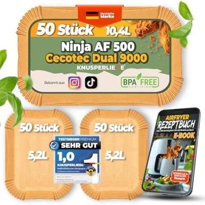 Afbeelding van KNUSPERLIEBE® Lot de 150 feuilles papier sulfurisé pour friteuse à air chaud Ninja Flex Drawer Dual Zone AF500EU, 5,2 10 et 10,4 L, rectangulaires, anti adhésif, AF500EUCP, Cecotec 9000