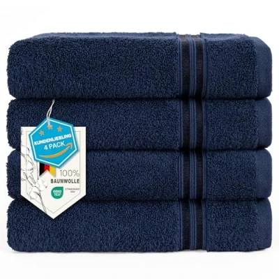 Afbeelding van Hammetex Set van 4 badhanddoeken, 50 x 100 cm, extra zacht en absorberend, 100% katoen, licht duurzaam, perfect voor badkamer, spa sportschool, donkerblauw