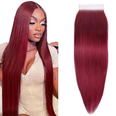 Afbeelding van Tuheerst Burgundy Closure Human Hair 4X4 Lace Straight #99J with Baby Brazilian Virgin Natural Hairline Real for Woman 10 Inches