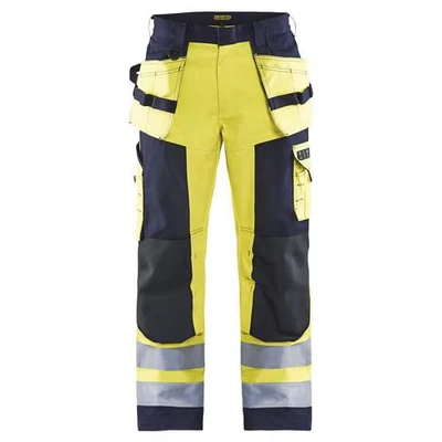 Image de Pantalon artisan multinormes jaune/marine, poche jambe avec rabat