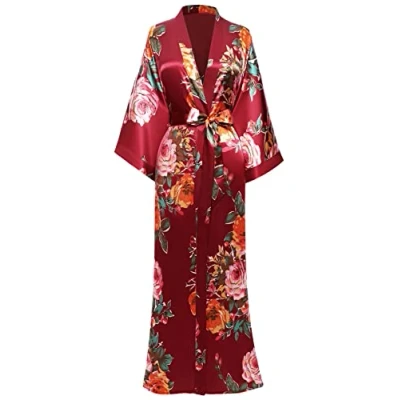 Afbeelding van Babyond Kimono voor dames met pauwen print, lengte 135 cm, Bourgondische bloem