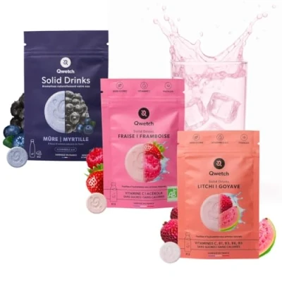 Afbeelding van Qwetch SOLID DRINKS 36 hydratatietabletten met vitamine C &amp; B drank zonder suiker smaken aardbeien framboos, braam en bosbessen, lychee guave veganistisch, geen calorieën, gemaakt in
