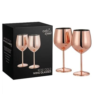 Afbeelding van Oak &amp; Steel 2 Roségouden Roestvrijstalen Wijnglazen, 520 ml Elegante, Onbreekbare Rode Wijnglazen voor Speciale Gelegenheden met Geschenkdoos