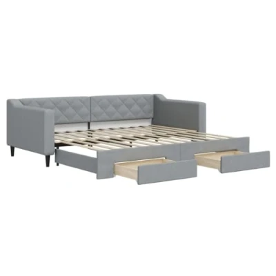 Image de vidaXL Lit de jour avec gigogne et tiroirs gris clair 90x200 cm tissu