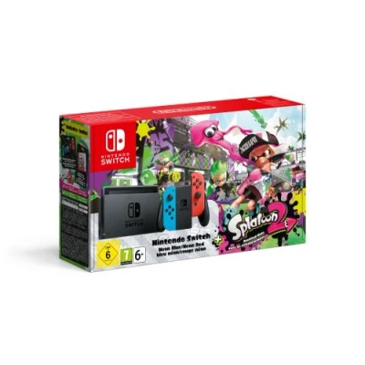 Image de Console Nintendo Switch Splatoon 2 Noire avec Manettes Joy Con Droite Rouge Néon et Gauche Bleue