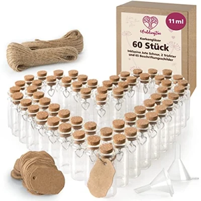 Afbeelding van WeddingTree 60 x Reageerbuisjes met kurk, kleine glazen flacons kurk en hartvormige hangertjes, als gastgeschenk, bruiloftsdecoratie, kruidenpotjes