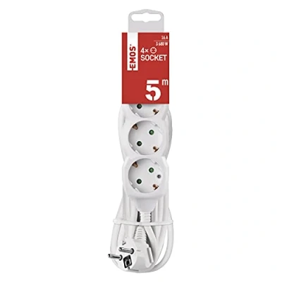 Afbeelding van EMOS 4 voudig stekkerdoos, kabel 5 m, wit, 45 graden gedraaide stopcontacten, 1,5 mm, Schuko stekkerdoos met kinderbeveiliging, IP20 voor gebruik binnenshuis, P0425R