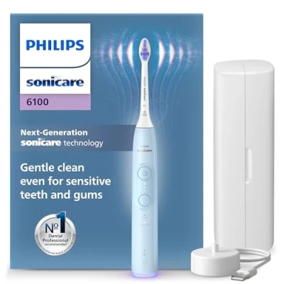 Afbeelding van Philips Sonicare 6100 series Elektrische Tandenborstel Sensitive opzetborstel Reisetui Lichtblauw Gevoelige tanden HX7406/02