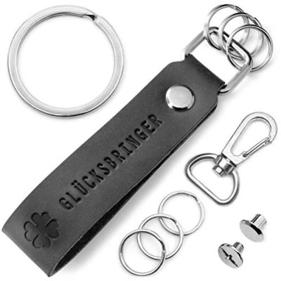 Afbeelding van FABACH Leren Sleutelhanger met verwisselbare sleutelring in geschenkdoos, klaverblad vier bladeren, kleine geluksbrenger, veel geluk, goede hit, Bruin leer., Einheitsgröße,
