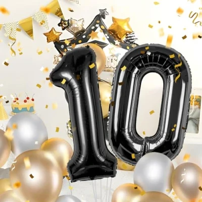 Afbeelding van Ballonnen verjaardag 10 zwart 100 cm ballon cijfer 10, nummer Happy Birthday decoratie, ballonnen, verjaardagsfeest, jaren vliegt dankzij helium
