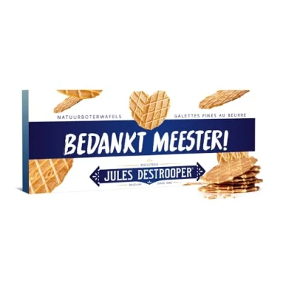 Afbeelding van Jules Destrooper Natuurboterwafels met opschrift &quot;Bedankt meester!&quot; Belgische koekjes cadeau voor leerkracht 100g