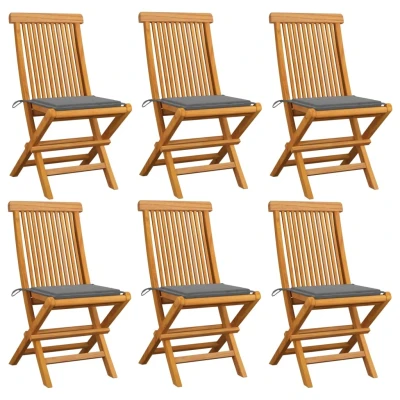Afbeelding van Tuinstoelen 6 st met grijze kussens massief teakhout
