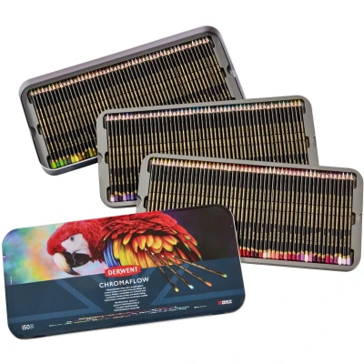 Afbeelding van Derwent Chromaflow 2306263 Set van 150 potloden in een metalen doos met ronde kern, 3,5 mm dik, uitwisbaar gladde textuur, perfect voor tekenen, kleuren en overlappen,