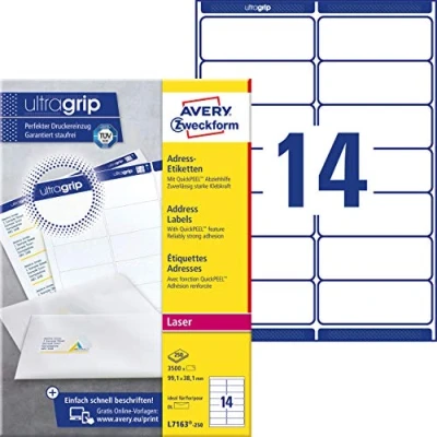 Afbeelding van Avery L7163 250 adreslabels Wit Zelfklevend label