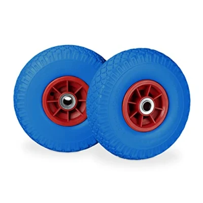 Afbeelding van Relaxdays Kruiwagenwielen, 2 stuks, volledig rubber, 3,00 4 inch, as 20 mm, tot 80 kg, 260 x 85 blauw/rood