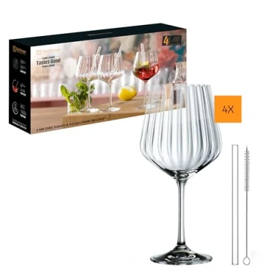 Afbeelding van Nachtmann Spiegelau &amp; Nachtmann, gin tonic 9 delige set, 4 glazen (637 ml), rietjes, 1 reinigingsborstel, Tastes Good, 103143