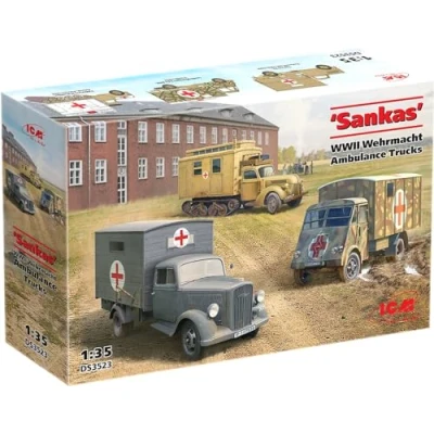 Afbeelding van 1:35 ICM DS3523 &#039;Sankas&#039; WWII Wehrmacht Ambulance Trucks 3 Inbegrepen Plastic Modelbouwpakket