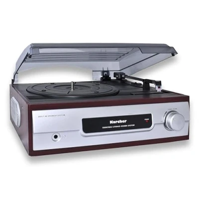 Afbeelding van Karcher Draaitafel met geïntegreerde stereoluidsprekers, vinylplaat, lijnuitgang, hoofdtelefoonaansluiting, 2 snelheden, nostalgische retro draaitafel, KA 8050 zilver