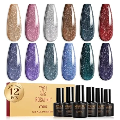 Afbeelding van ROSALIND Vernis Semi permanent Pailleté, 12 Couleurs Marron Argenté Rose Noir Rouge Violet Paillettes Gel, Soak off Mini UV/LED Glitter Brillant Manucure