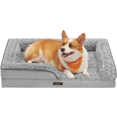 Afbeelding van Feandrea Hondenbed, dierenbed, orthopedisch, honingraatschuim, gevoerde verhoogde randen, afneembare overtrek van pluche met roze motieven, 71 x 58 16 cm, duifgrijs PGW251G01