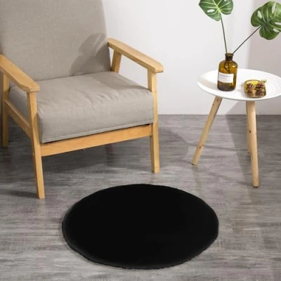 Afbeelding van Teppich Wölkchen Pluizig tapijt van imitatiebont konijnenbont, kort bont, hoogpolig voor woonkamer of slaapkamer, bedmat zwart 45 cm rond