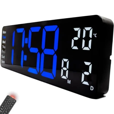 Afbeelding van Opis Clock 1XL Digitale wandklok met led en temperatuurweergave, blauw/wit, voor woonkamer, kantoor, badkamer, keuken, sportschool, hal, stil