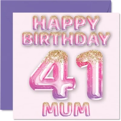 Afbeelding van Verjaardagskaart voor moeder 41 jaar, roze en paarse glitterballonnen, verjaardagskaarten 41e moeder, van zoon, dochter, 145 mm x