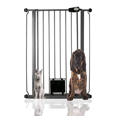 Afbeelding van Bettacare Hekje voor Huisdieren met Vergrendelbaar Kattenluik Assortiment, 75 cm 84 (36 opties beschikbaar), Lei Grijs, Hoogte van 104 cm, Extra Hoog Honden Veiligheidshek Kattenluik, Eenvoudige Installatie.