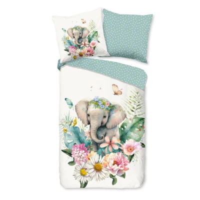 Afbeelding van Dekbedovertrek voor Kinderen 135x200 cm Olifant en Bloemen Print Multi 1 Persoons 100% Katoen