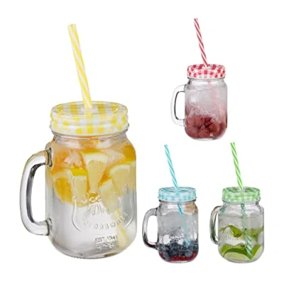 Afbeelding van Relaxdays drinkglazen met deksel set van 4 mason jar opschrift limonadeglazen