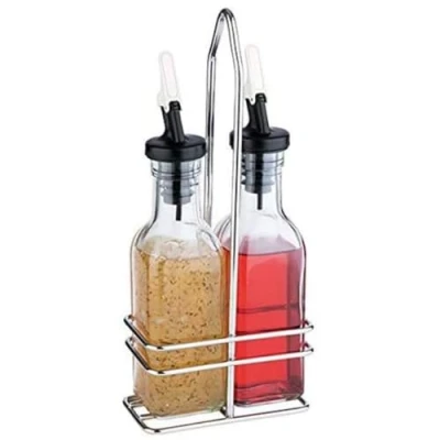 Afbeelding van APS, Glazen container met deksel en schenktuit van polyethyleen, druppelvrij, voor azijn olie, 24 cm hoog 0,12 liter