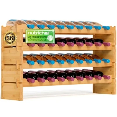 Afbeelding van NutriChef, Wijnrek,Bamboe Stapelbaar Flessenrek 8 Lagen 72 Flessen Capaciteit Vrijstaand Wijnrek voor Vloer Modulaire Opslag Display Plank Keuken en Wijnkelder 85,1 cm x 25,4 106,7