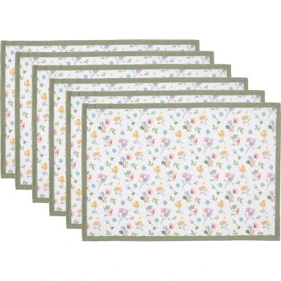 Afbeelding van Clayre &amp; Eef Placemats Set van 6 48x33 cm Wit Groen Katoen Bloemen