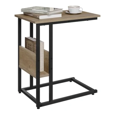 Afbeelding van WOLTU Bijzettafel in C vorm, bankpunt, salontafel, van technisch hout met metalen frame, opbergvak, eiken grijs