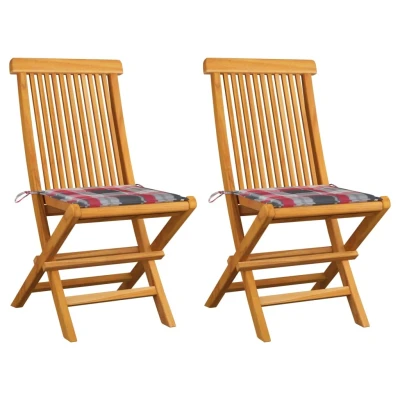 Afbeelding van Tuinstoelen 2 st met rood geruite kussens massief teakhout