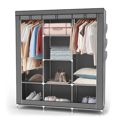 Afbeelding van Intirilife opvouwbare garderobekast 130x175x45 cm in ASH GREY Vouwkast met ritssluiting stoffen kledingroede, vakken en zijvak campinggarderobekast