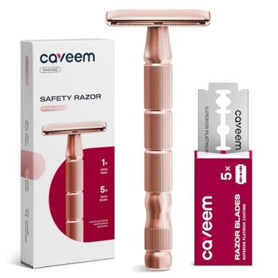 Afbeelding van CAVEEM rasoir de sécurité à double tranchant en or rose, lame unique avec 5 lames acier inoxydable, métal réutilisable pour hommes et femmes, rose