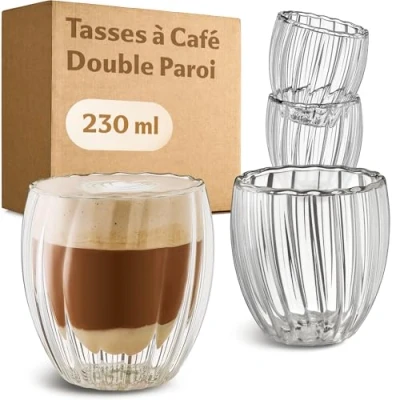 Afbeelding van Cosumy Cappuccino mok, dubbelwandig, 230 ml, set van 4 kopjes, elegant design met zweefeffect, vaatwasmachinebestendig