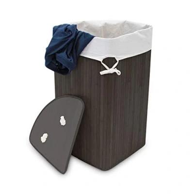 Afbeelding van Relaxdays wasmand hoekmodel bamboe 60 liter deksel wasbox driehoekig zwart