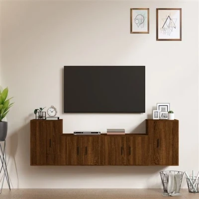 Afbeelding van 4 delige Tv meubelset bewerkt hout bruin eikenkleur
