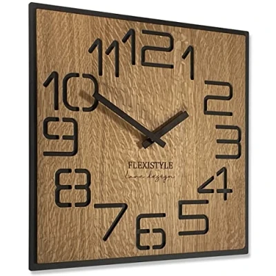 Afbeelding van FLEXISTYLE Grote moderne vierkante wandklok van hout Eco Diameter 50 cm Silence Houtlook Eiken Voor woonkamer en slaapkamer, gemaakt in de EU (cijfers 40 cm)