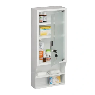 Afbeelding van Relaxdays Medicijnkastje met afsluitbare glazen deur, 5 vakken, 65 x 27 12 cm, wit