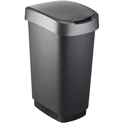 Image de Rotho Poubelle Twist 50 l avec couvercle, plastique (PP) sans BPA, noir/argent, (40,1 x 29,8 60,2 cm)