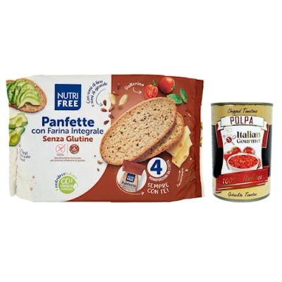 Afbeelding van Nutrifree Panfette con Farina Integrale, glutenvrij brood met boekweitmeel, 340 g verpakking + 400 blik Italian Gourmet Polpa di Pomodoro