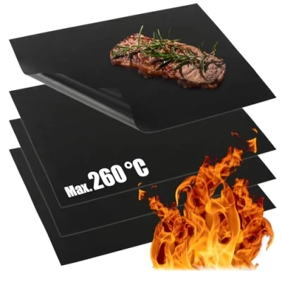 Afbeelding van COM FOUR® 4 x Teflon barbecuemat Hittebestendige bakmat Grillfolie met antiaanbaklaag Grill en Herbruikbaar, op maat gesneden (4 stuks zwart)